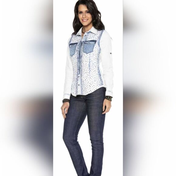 Dishe White & Blue Bedazzled Button Down Shirt (M) - Picture 2 of 7